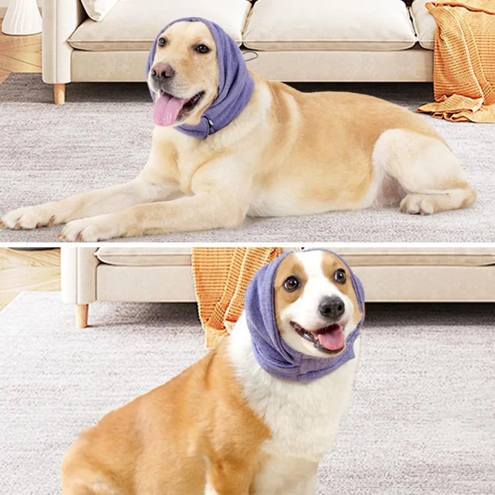 Dog calming hoodie head cover in polyester fabric for noise reduction and multi-purpose use