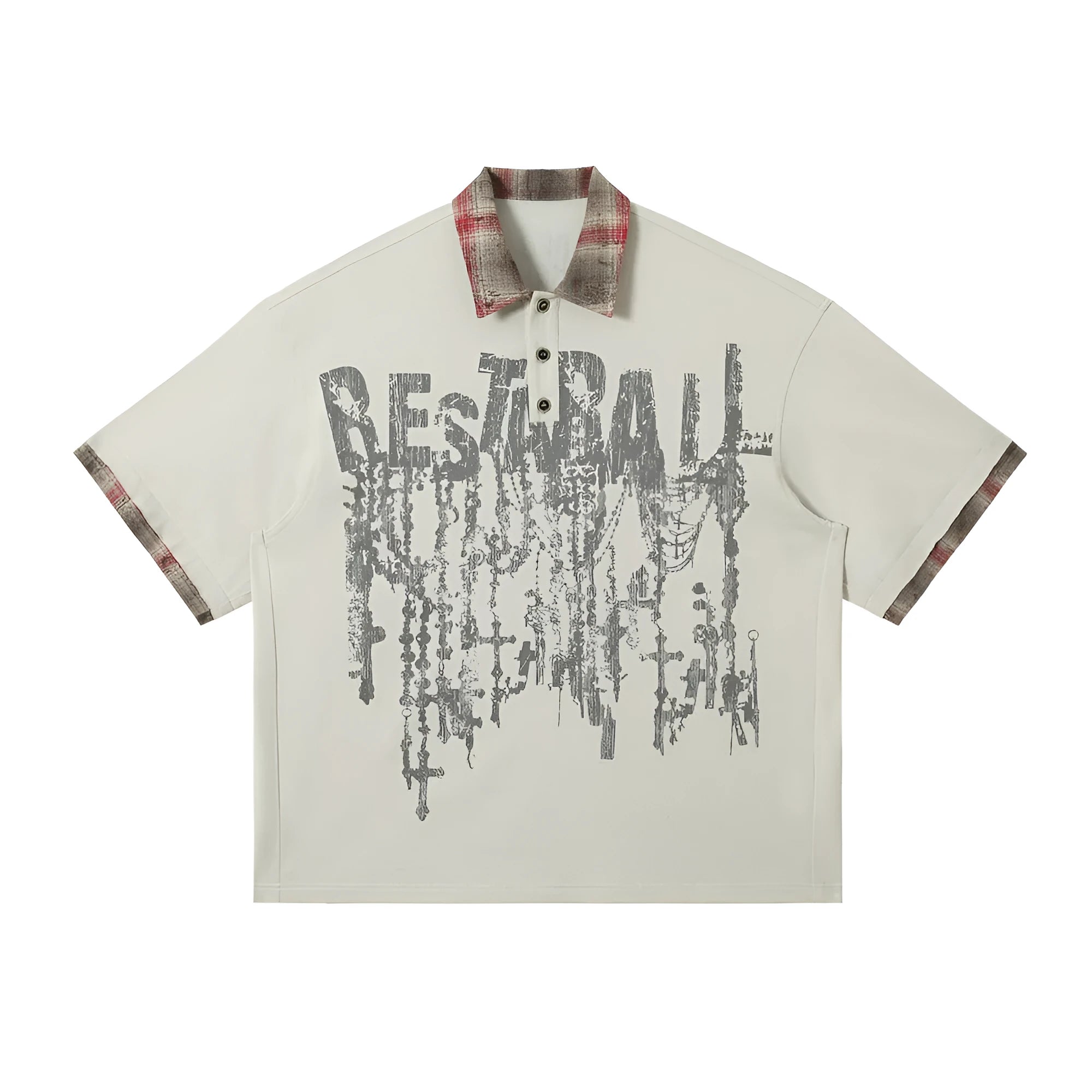 Men's loose blue short-sleeved top with asymmetric lapel and graffiti-style print.