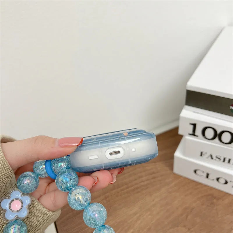 Clear blue starry sky TPU earphone case with wavy edge and bracelet chain for AirPods Pro