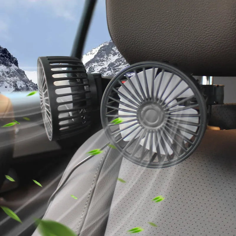 Black car USB rear pillow single head fan with adjustable vents for vehicle cooling