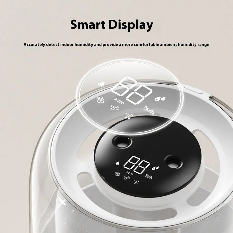 Beige round USB humidifier with dual spray nozzles and a front humidity display panel.