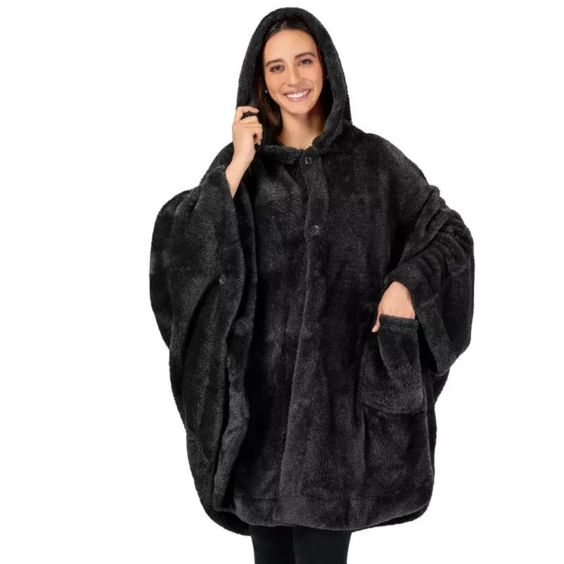 Heavy weight hooded bathrobe in polyester fleece fabric shown in black, dark grey and pink colour options