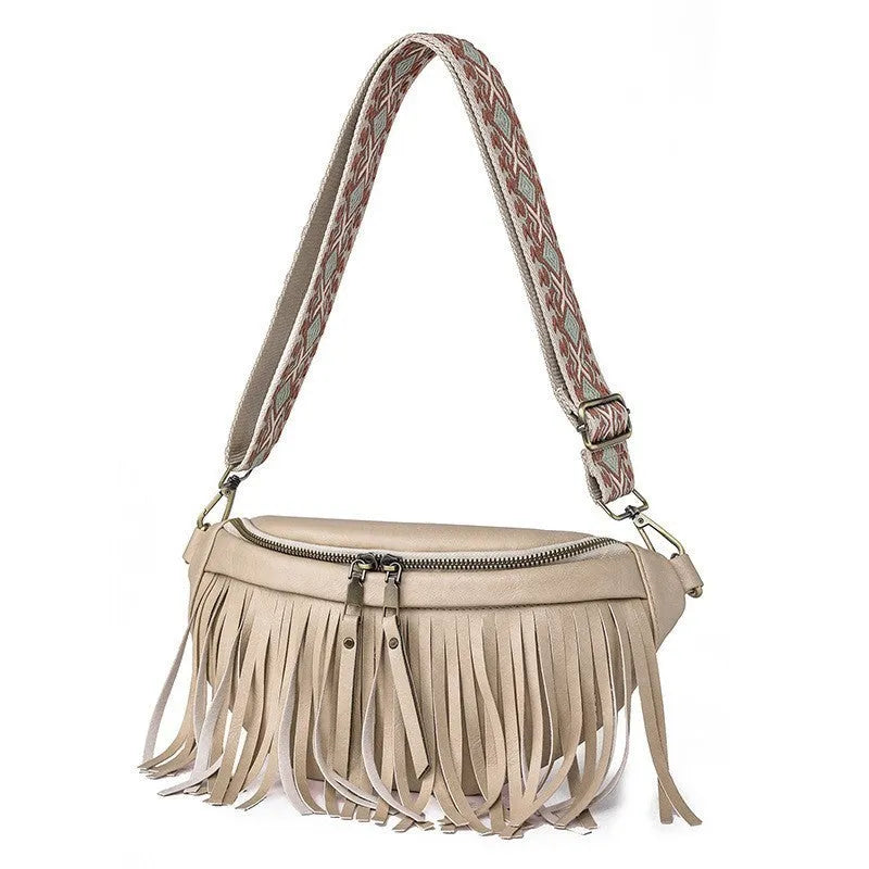 PU leather messenger bag with tassel and pleated chest design, available in multiple colours, on a plain background.