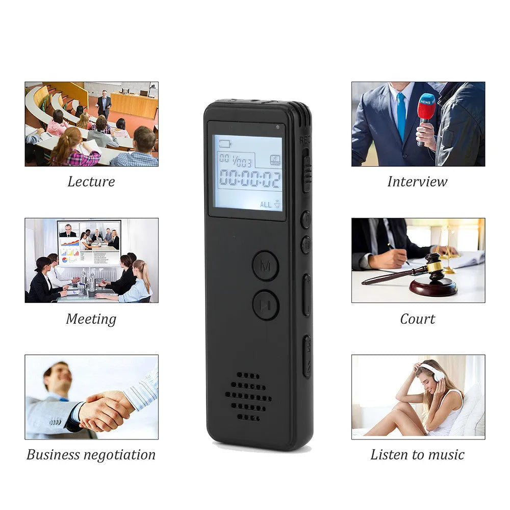 Black matte finish digital voice recorder with screen, showing one-key recording function.