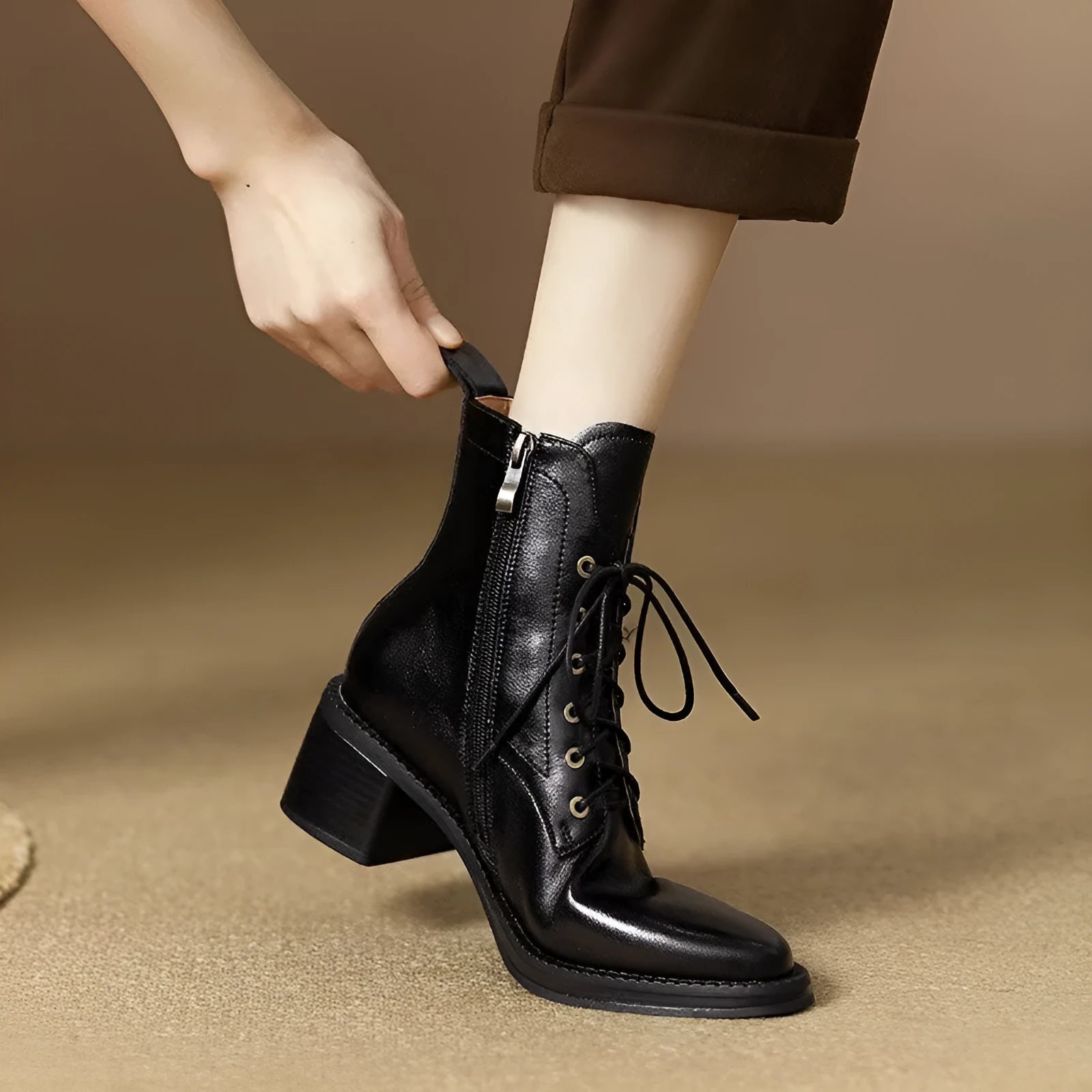 Women's black pointed toe ankle boots with short tube design and block heel