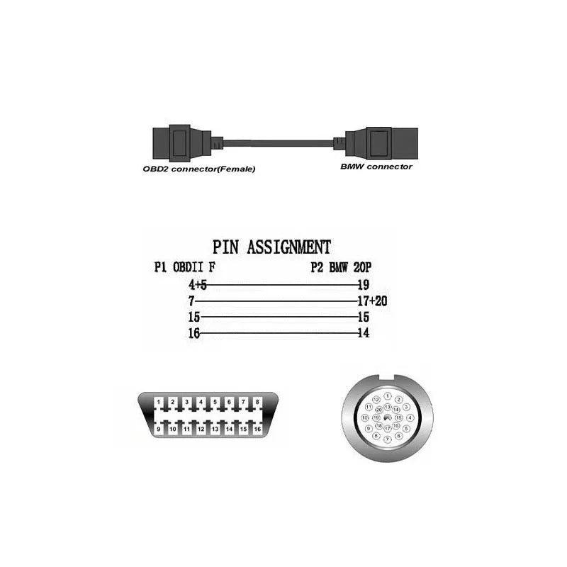 BMW OBD2 diagnostic connector cable converting 20-pin to 16-pin interface for vehicle diagnostics