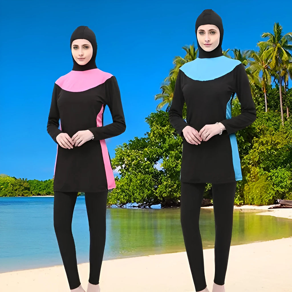 Black women's hooded long sleeve swimsuit with matching pants, shown in conservative one-piece style.