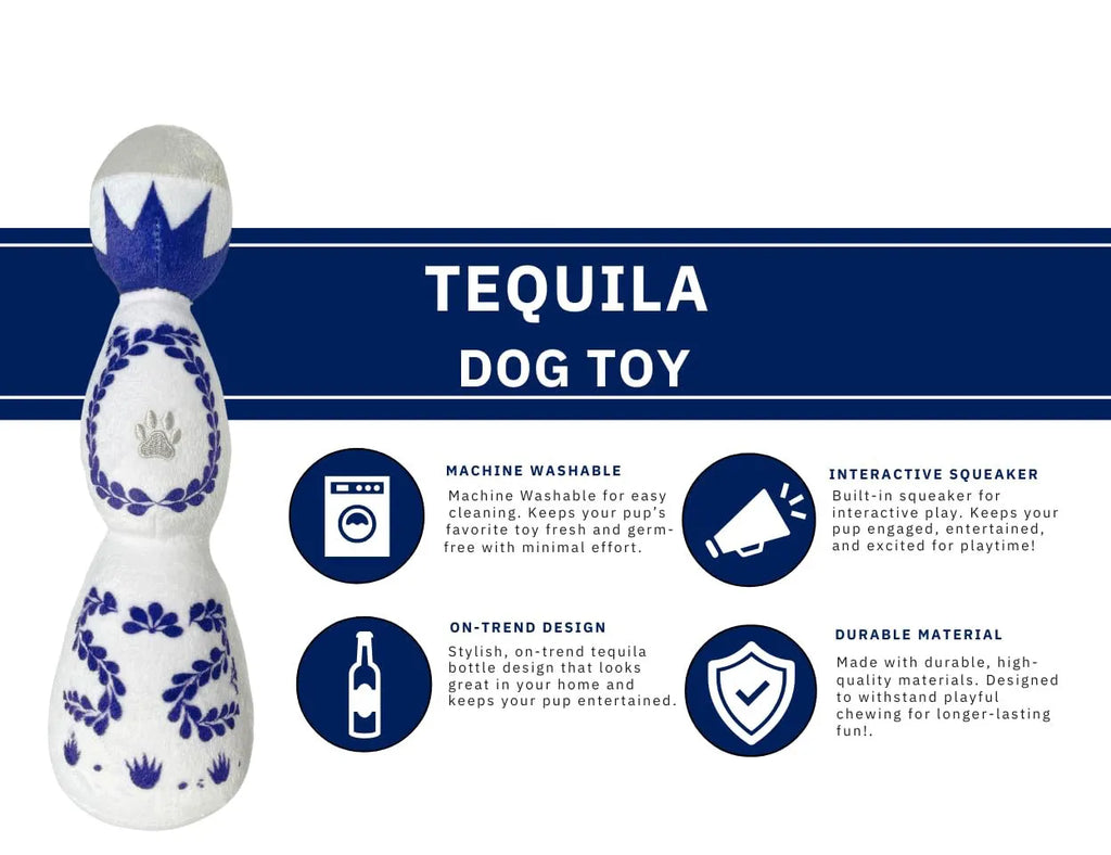 Funny plush dog toy shaped like a tequila bottle with squeaker, 26x9x9 cm, for all dog sizes