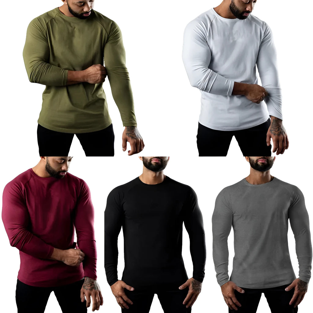 Men's long sleeve tight cotton sports t-shirt in army green, round neck, quick-dry exercise top