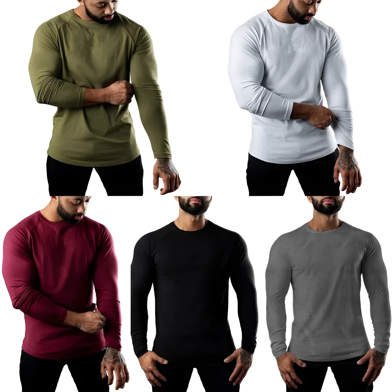 Men's long sleeve tight cotton sports t-shirt in army green, round neck, quick-dry exercise top