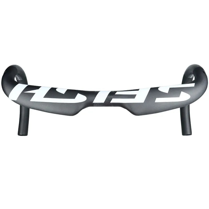 Carbon fibre road bike bent handlebar with internal cable routing in black finish, 31.8mm clamp