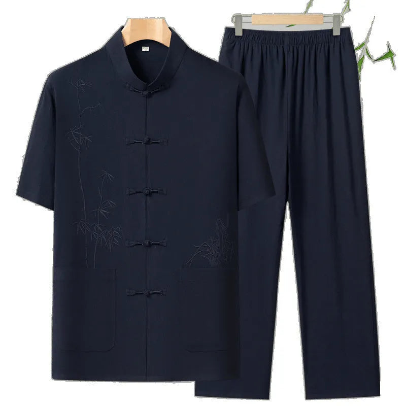 Cotton rabbit fur short sleeve suit for elderly men in grey two-piece set for summer leisure