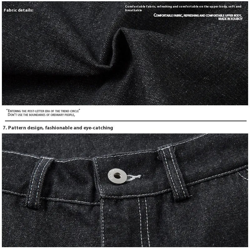 Multi-pocket pleated black denim workwear trousers for teenagers with zip placket