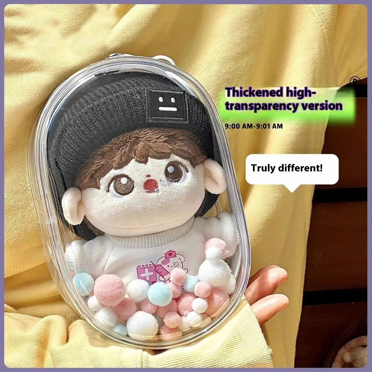 Transparent PVC cube storage bag with colourful ball keychain for cotton dolls and postcards