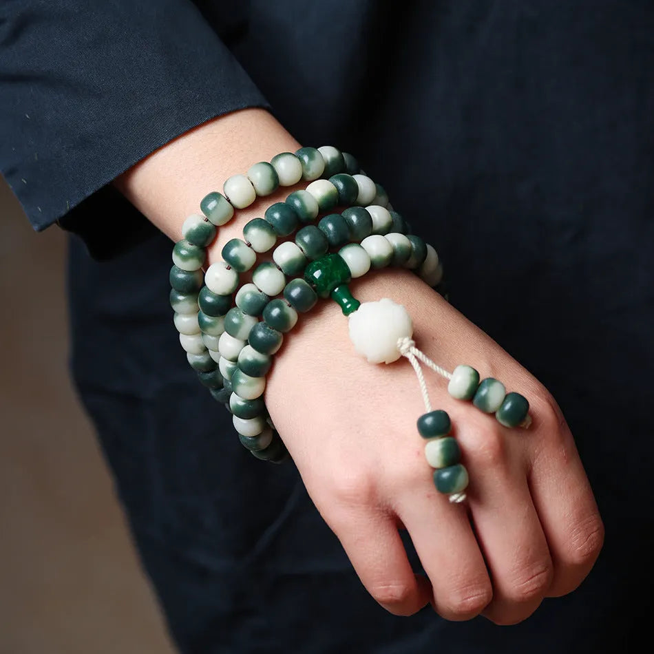 Bodhi root beads bracelet with floating flowers landscape pattern in 8x10mm size