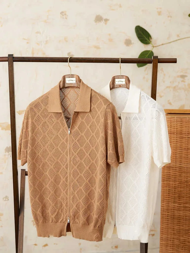Men's light brown cotton short sleeve cardigan with lapel collar and front zipper