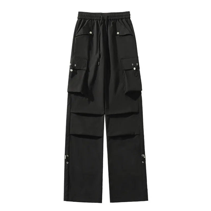 Plus size women's thin waterproof loose trousers in black, grey, and white.