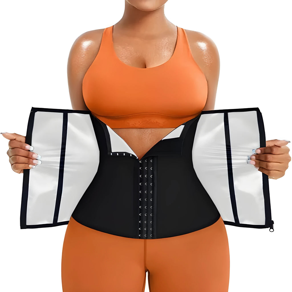 Blue adjustable neoprene sports waist belt for abdominal support shown laid flat.