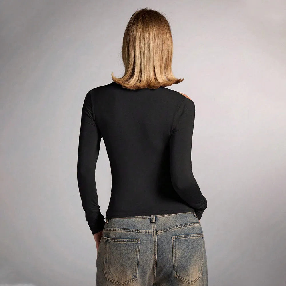 Black polyester women's halter top with long sleeves and slim fit