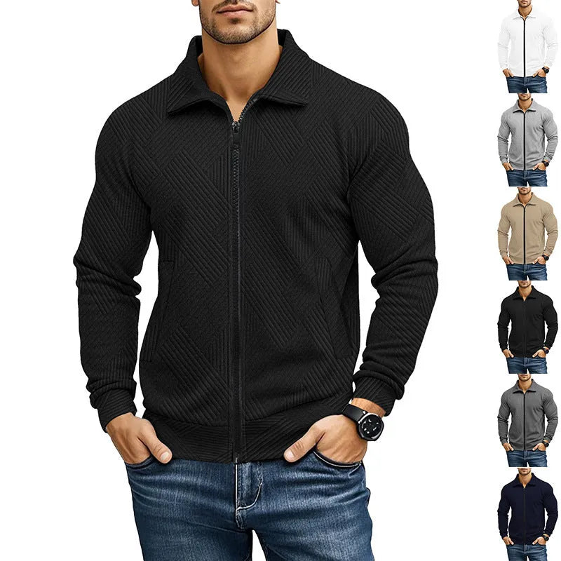Men's casual jacket solid colour waffle turn-down collar coat front view