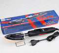 Electronic temperature control hair iron with adjustable heat settings, metal construction, and included accessories