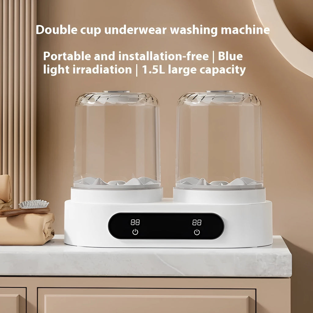 White portable mini washing machine with double laundry buckets and USB power connection