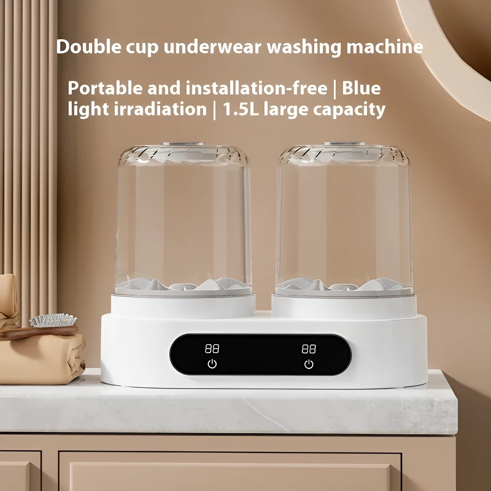 White portable mini washing machine with double laundry buckets and USB power connection