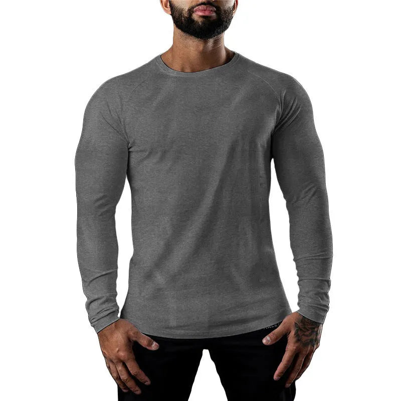 Men's long sleeve tight cotton sports t-shirt in army green, round neck, quick-dry exercise top