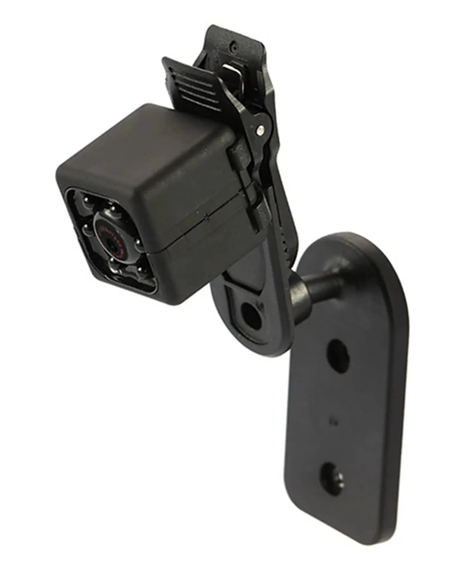 Mini 1080P Full HD night vision camera in black with infrared LEDs and motion detection