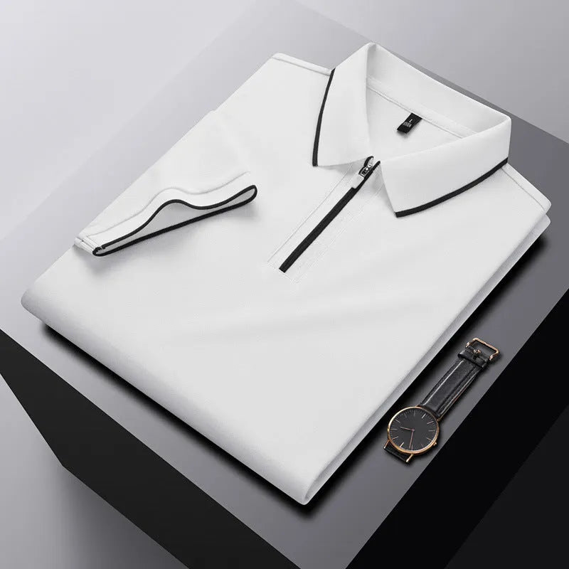 Men's long-staple cotton polo shirt with zipper front in white, regular fit, short sleeves