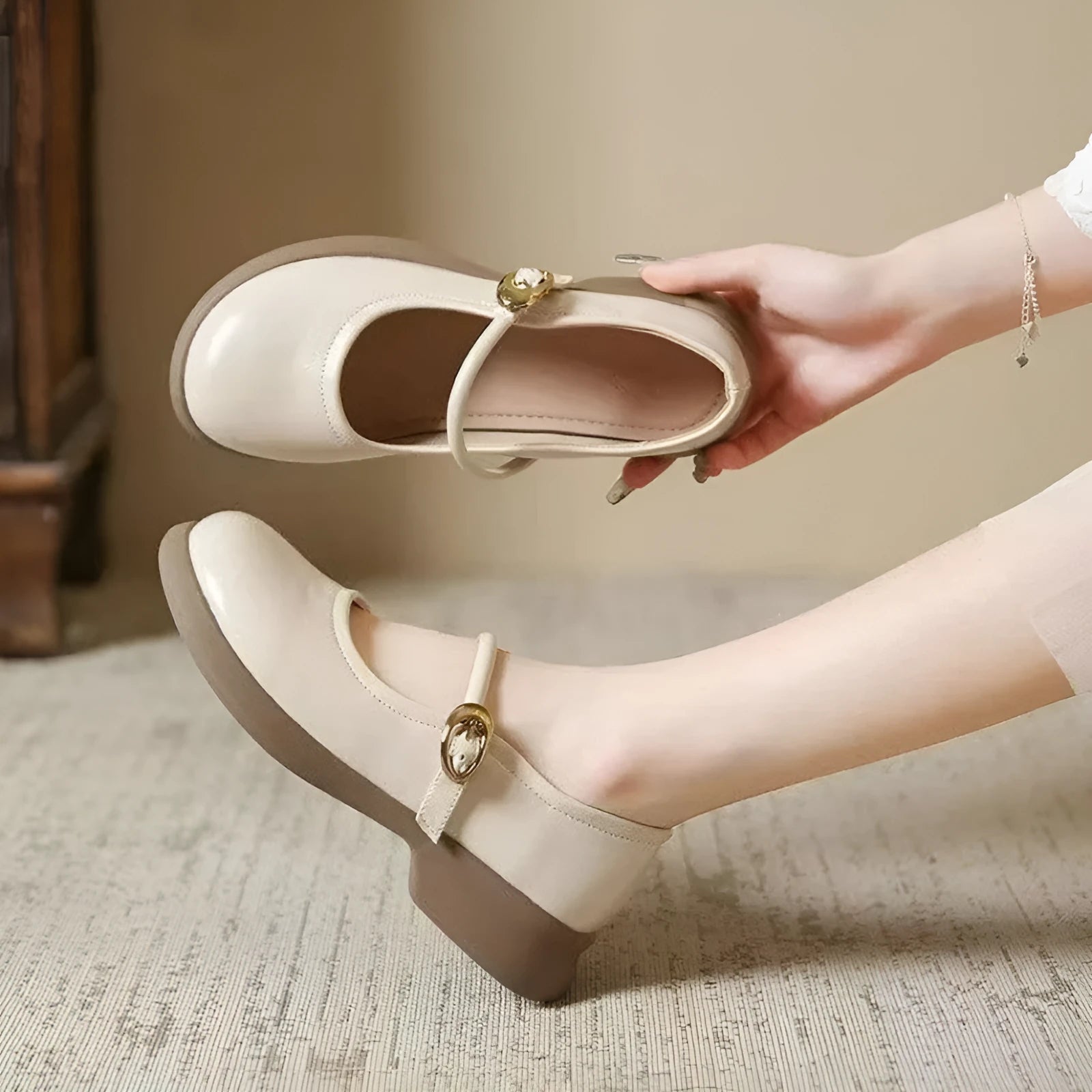 Flat fairy style leather shoes with skull pattern, wedge heel, round head, in beige black light brown