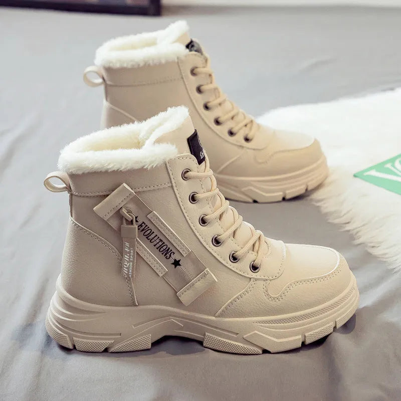 Plus size women's snow boots in khaki with velvet lining, front lace-up, rubber sole, and mid heel