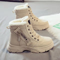Plus size women's snow boots in khaki with velvet lining, front lace-up, rubber sole, and mid heel