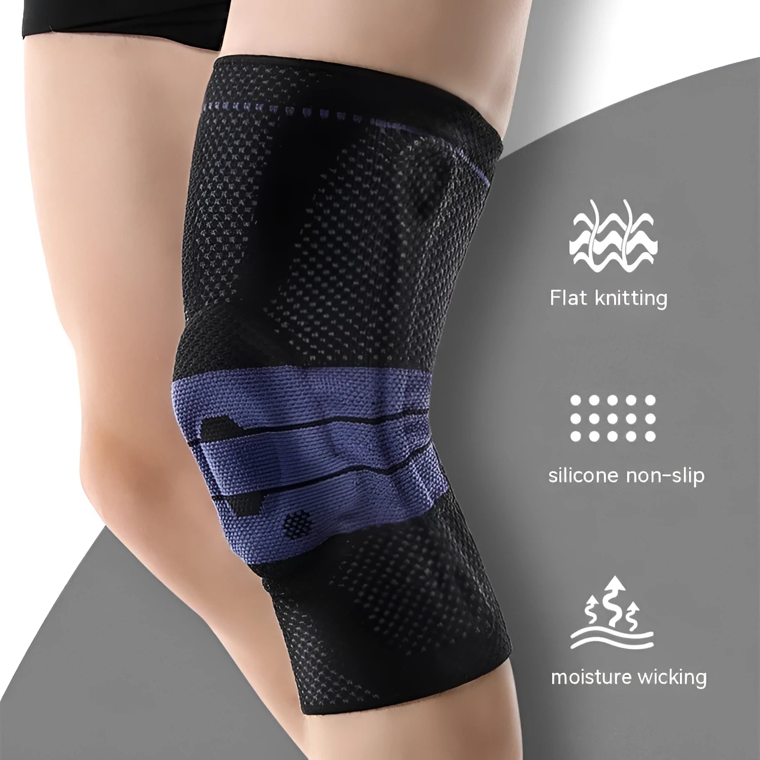 Adult black and blue sports kneepad made of nylon and spandex for basketball and running