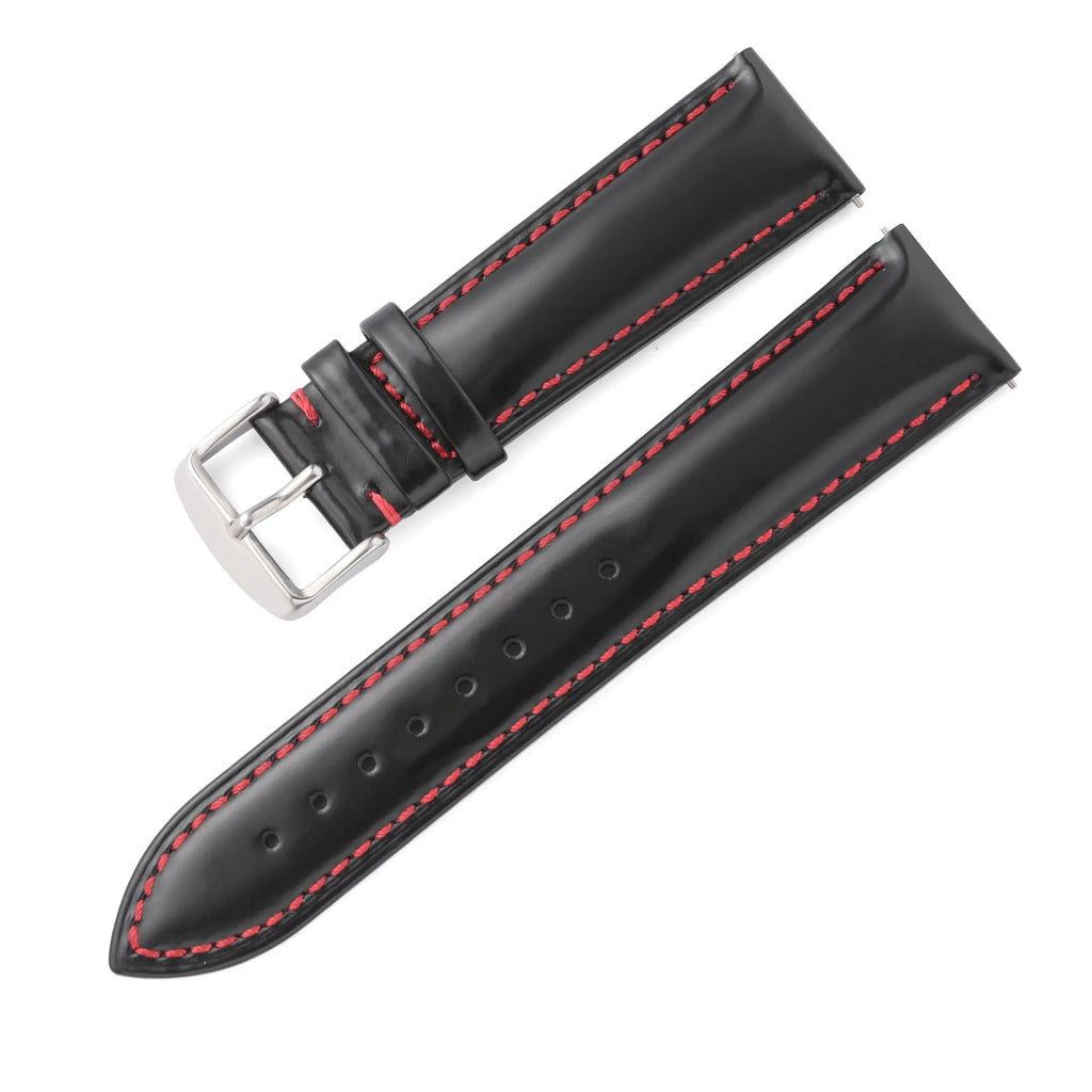 Quick release leather watch strap in cowhide showing colour options and straight end design
