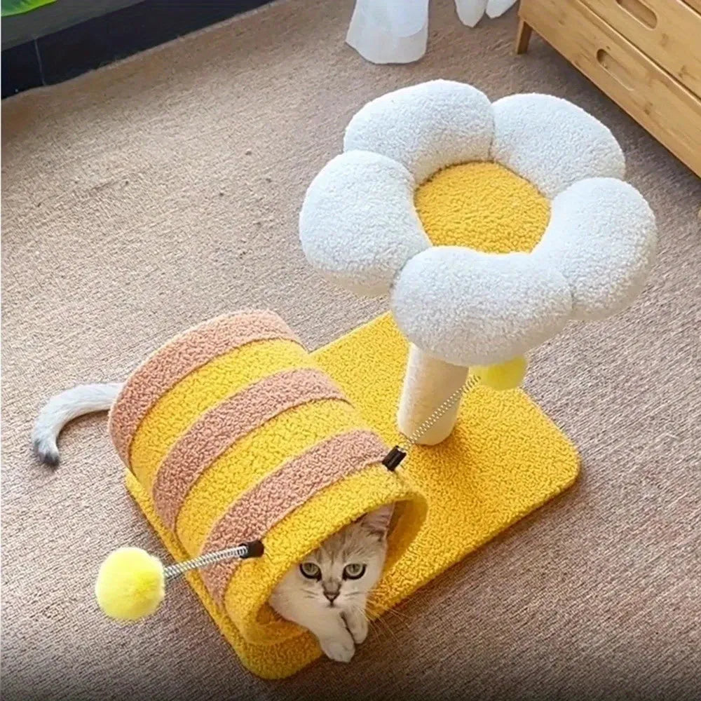 Yellow bee-themed cat climbing frame with sisal scratching post, tunnel, and platforms.