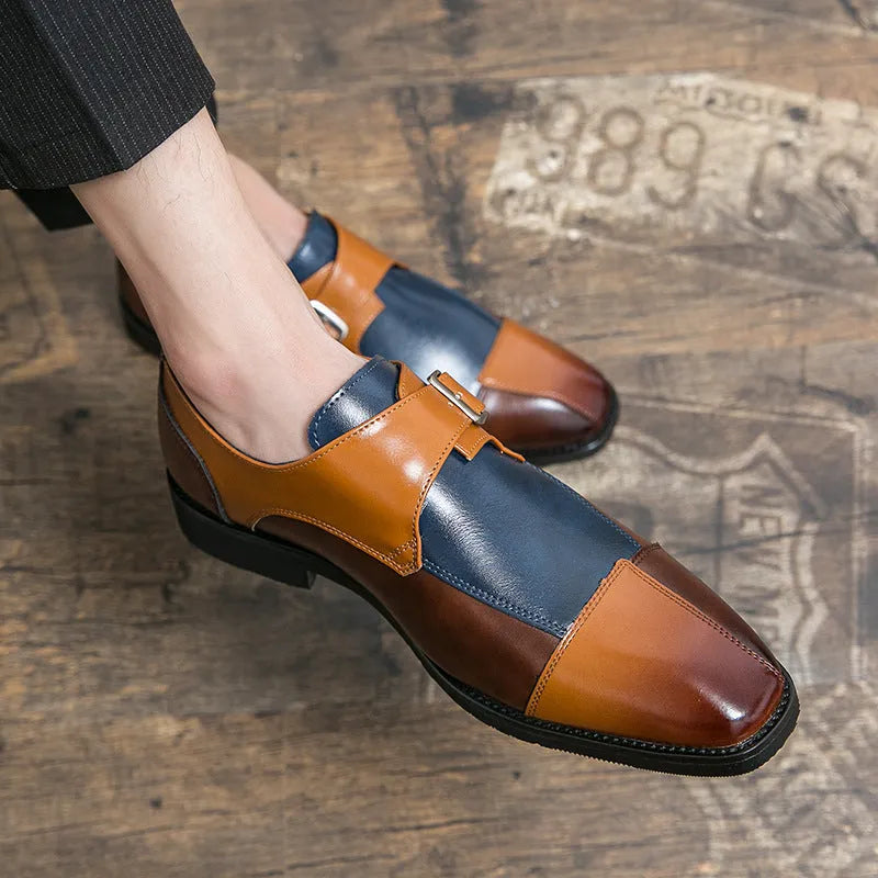 Men's British style retro buckle casual shoes in brown blue and black colours with tall crown design