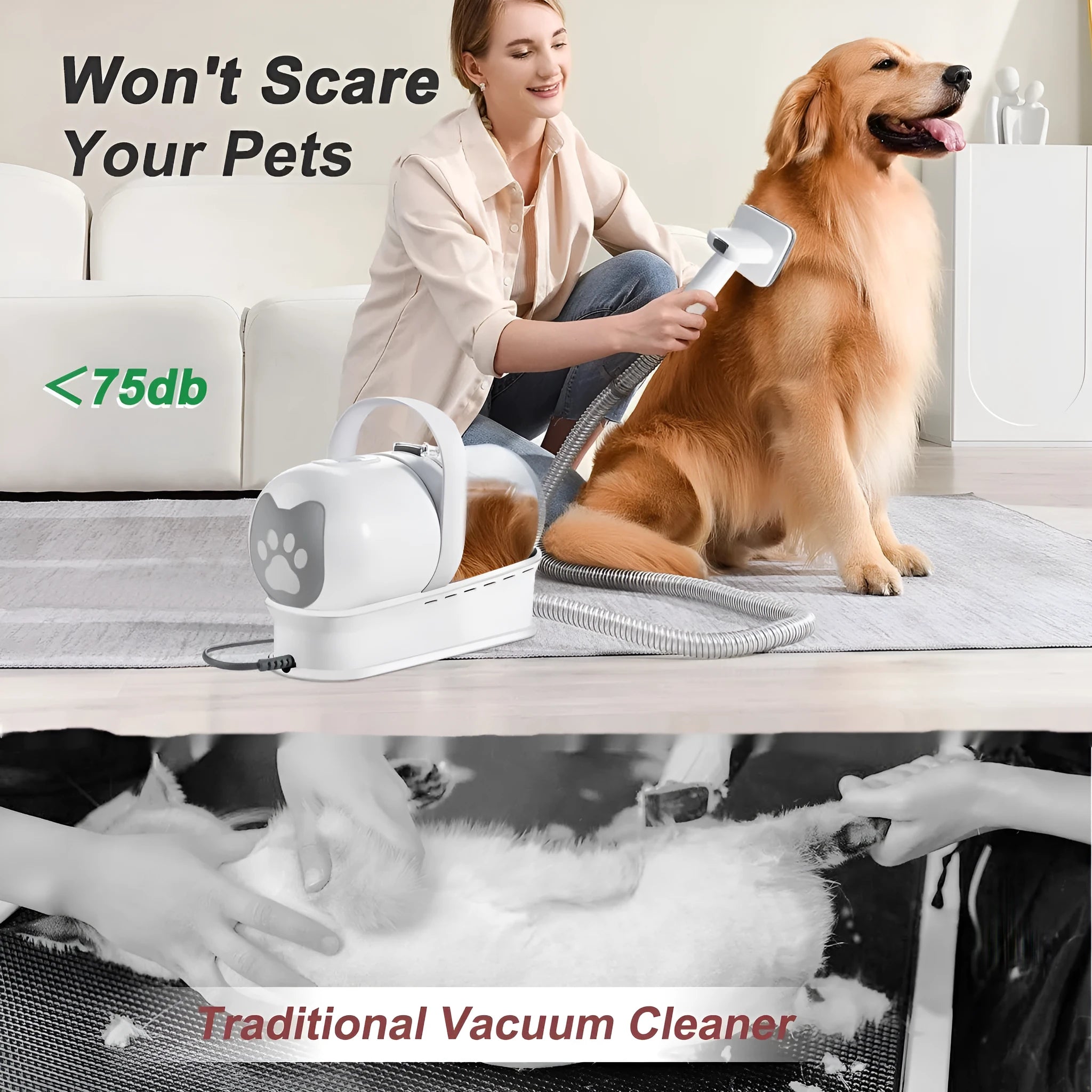 White 7-in-1 vacuum pet grooming device with lady shaver set, designed for dogs, ABS construction