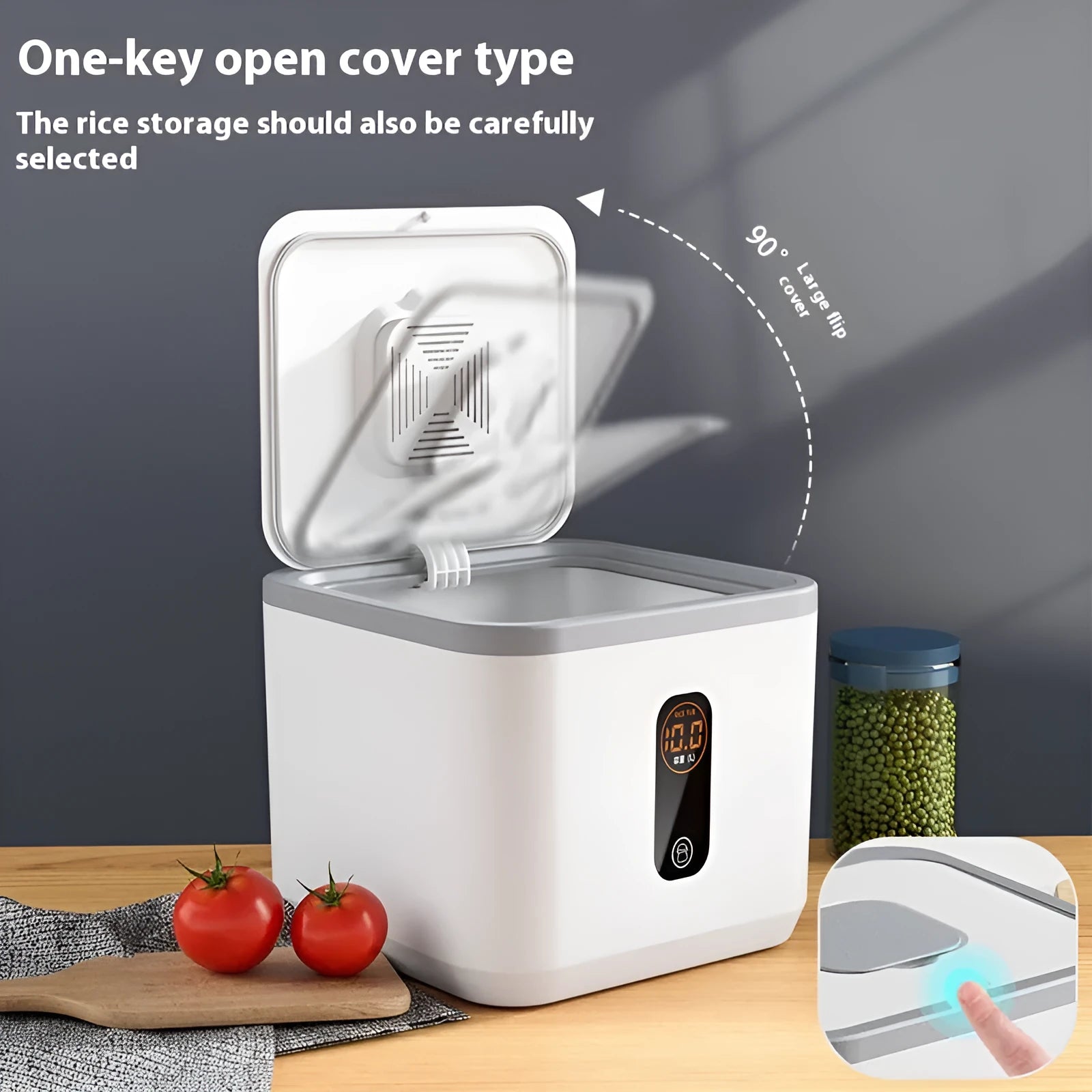 Grey plastic rice storage jar with lid, showing three size options for 10kg, 20kg and 30kg capacity