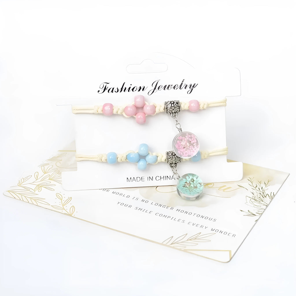 Glass dried flower bracelet with lace detailing and large 1.4cm beads in multiple colours.