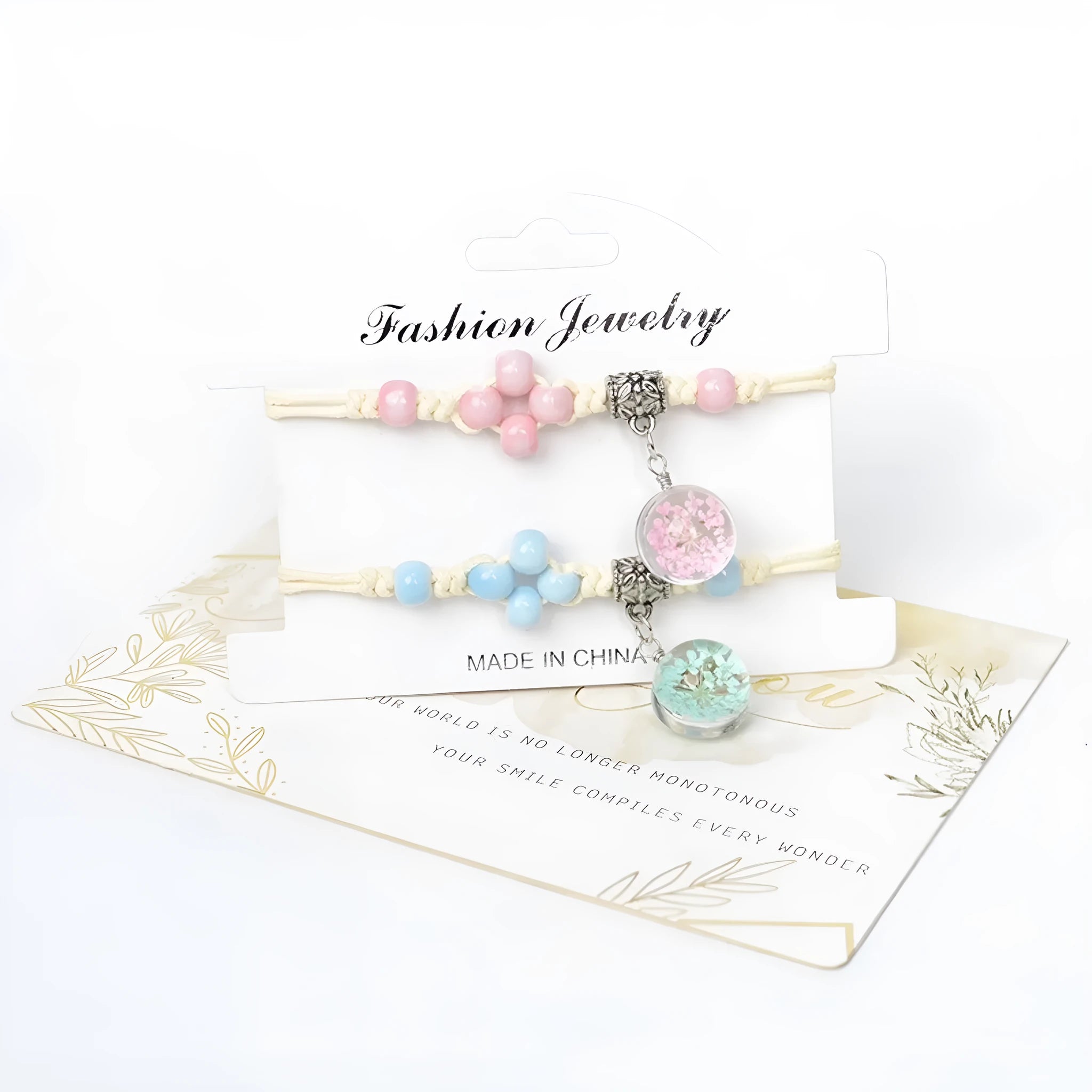 Glass dried flower bracelet with lace detailing and large 1.4cm beads in multiple colours.