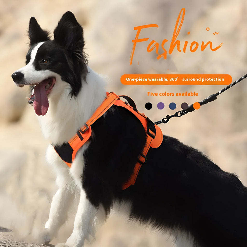 Reflective dog vest harness with explosion-proof breast strap and integrated hand-holding rope in multiple colour options
