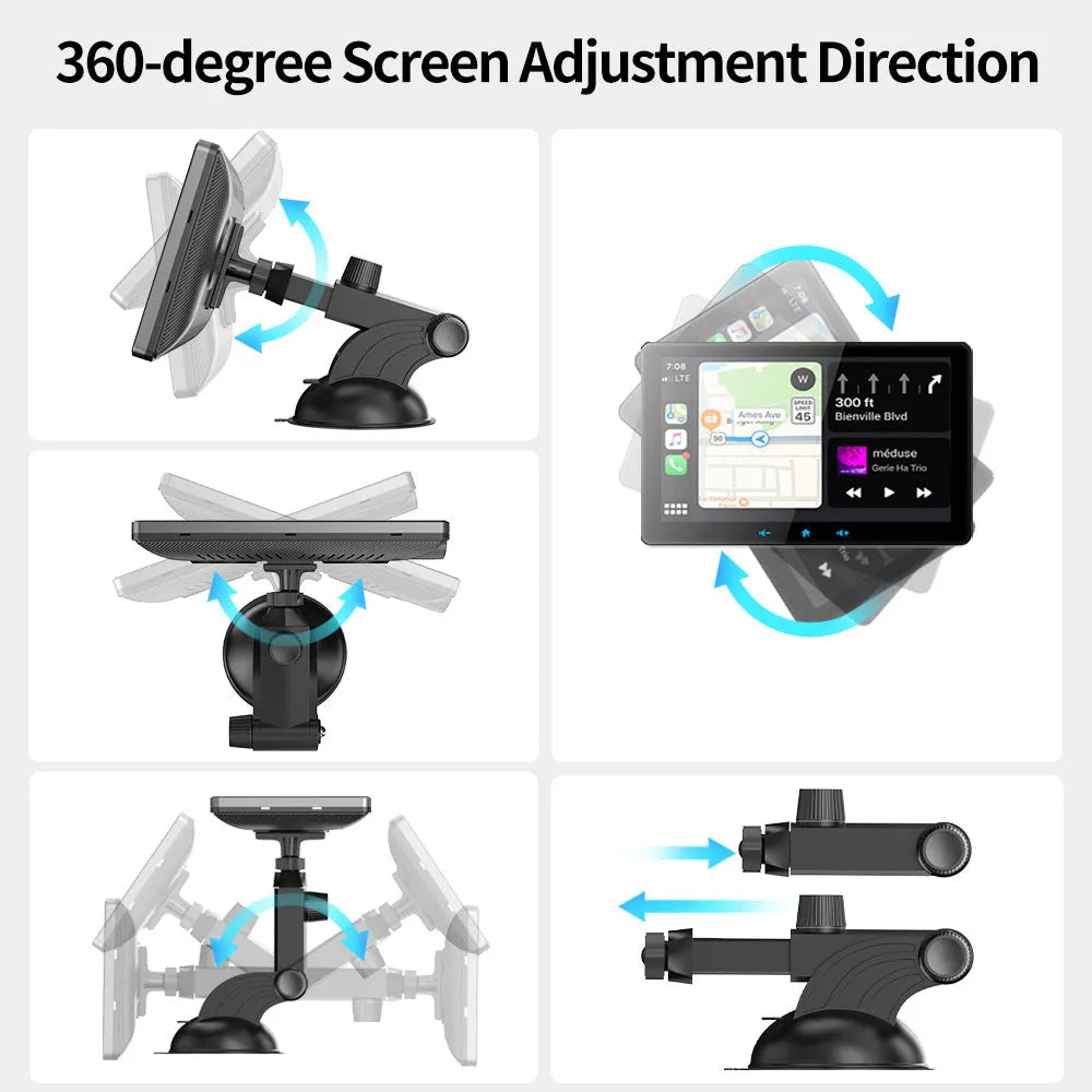 7-inch wireless CarPlay display with universal suction cup mount and cigarette lighter power adapter