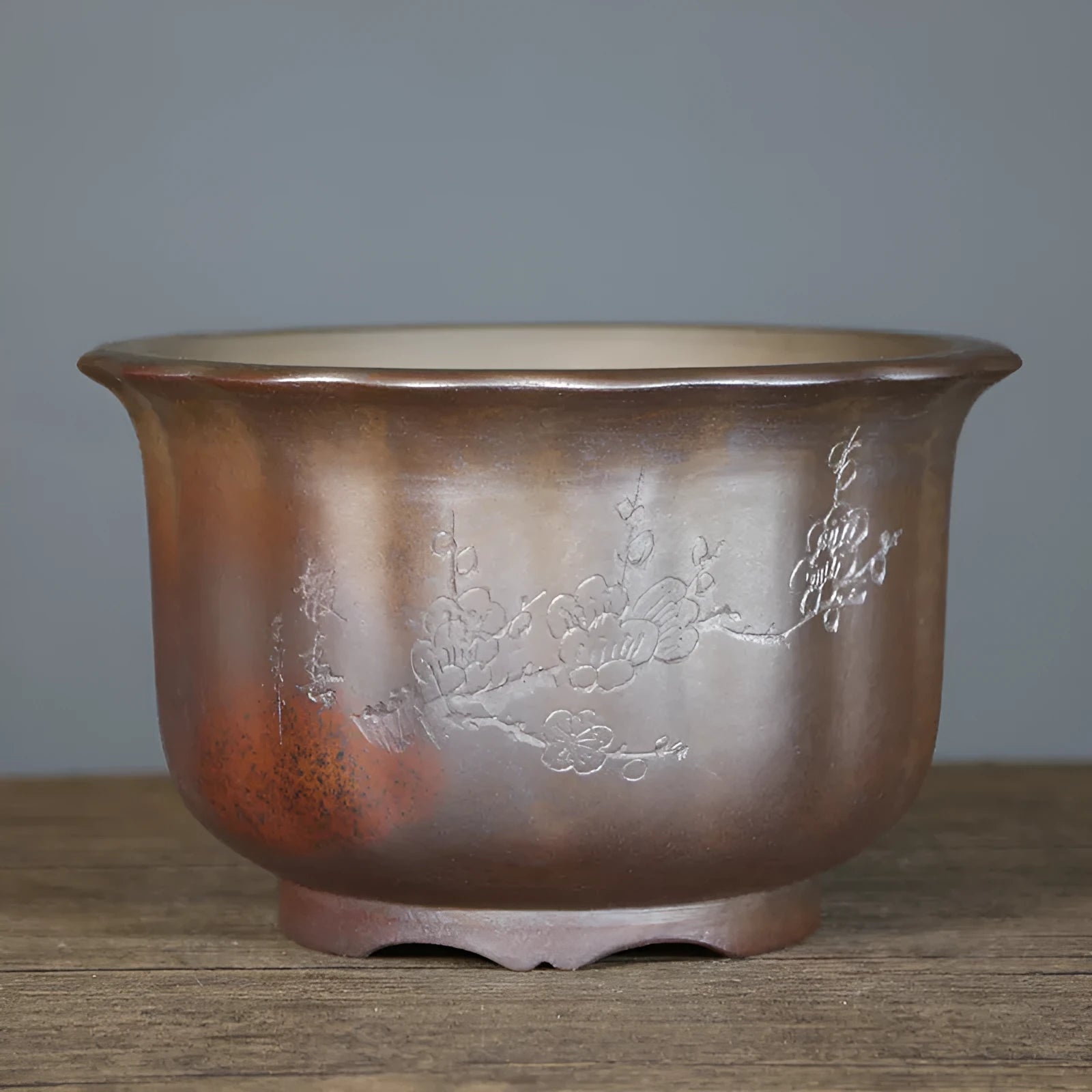 Antique carved ceramic flower pot in purple sand clay with wood burning finish for indoor bonsai