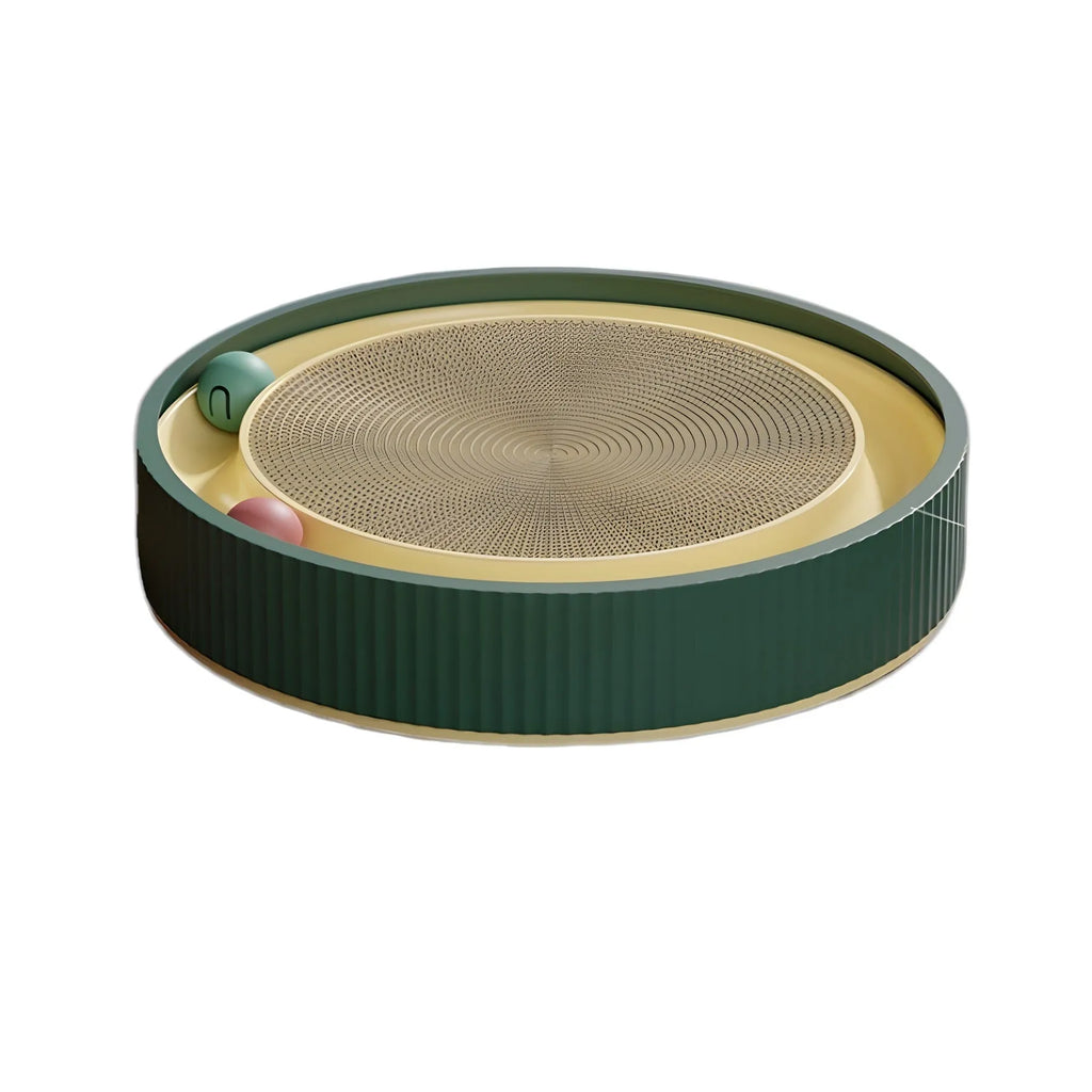 Large circular cat scratching board with integrated ball toys on green background