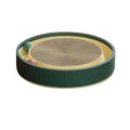 Large circular cat scratching board with integrated ball toys on green background