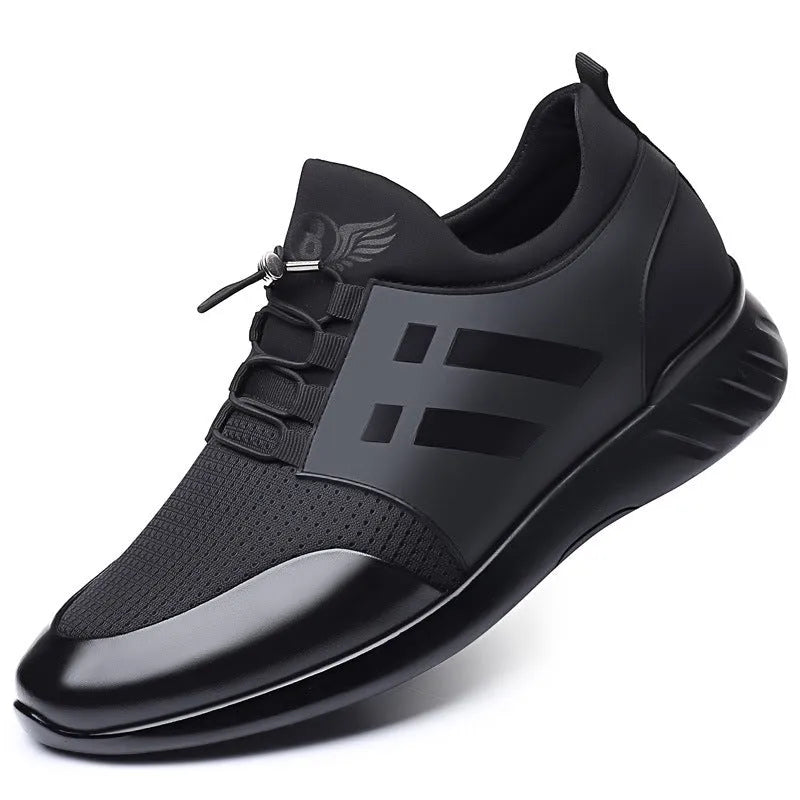 Men's black height increase casual sneakers with genuine leather uppers and hidden heel elevation