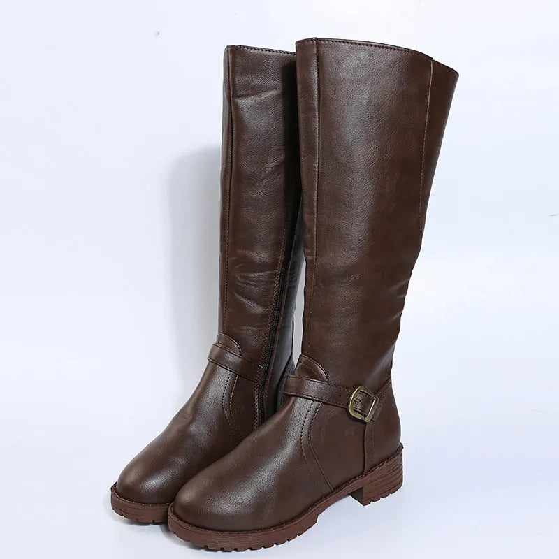 Women's square heel high boots in black, artificial PU upper, cotton lining, belt buckle detail, round toe
