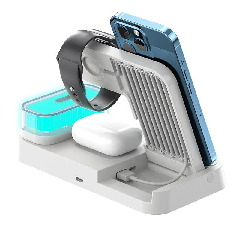 4-in-1 wireless charger station with foldable stand, alarm clock display, and RGB night light in white