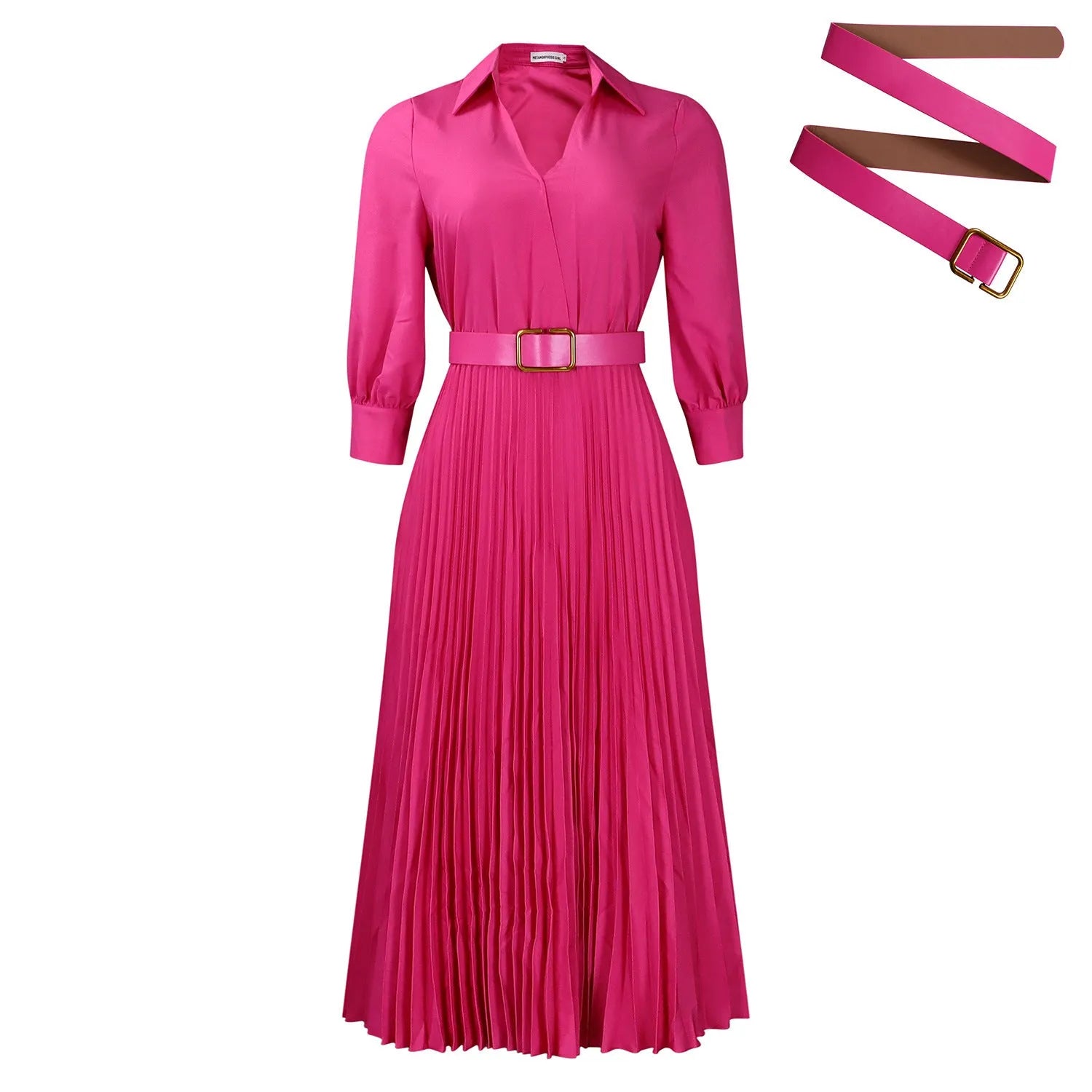 Solid colour polo collar pleated dress with belt, high waist, mid-length, three-quarter sleeves, black belt option
